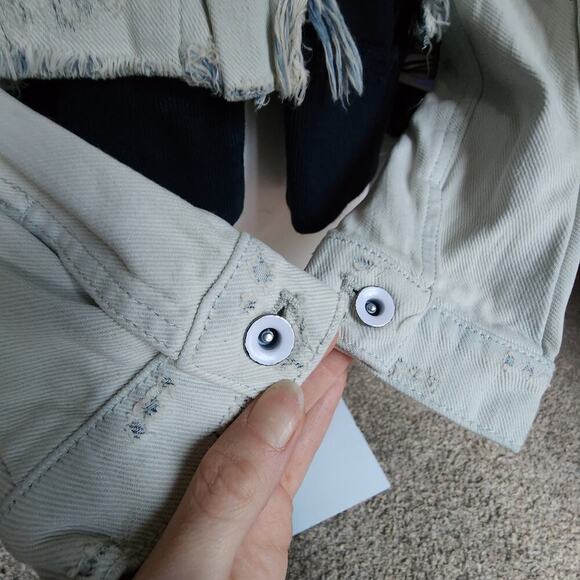 Free People White Black Layered Hoodie Acid Wash Denim Button Up Distressed Sz S - Picture 6 of 8